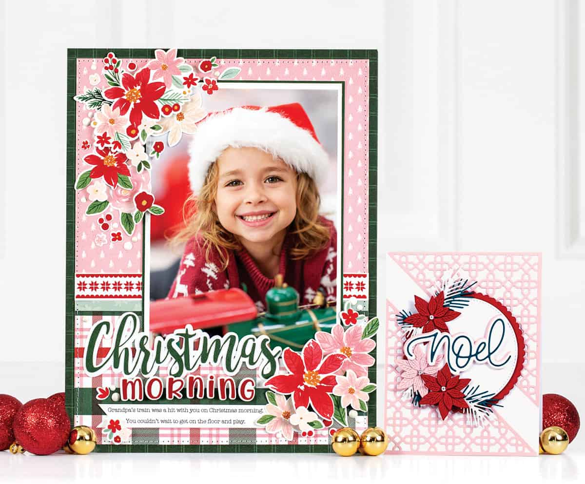 Christmas Morning layout by Wendy Sue Anderson and Noel card by Mari Clarke | Scrapbook & Cards Today magazine Winter 2023 Issue